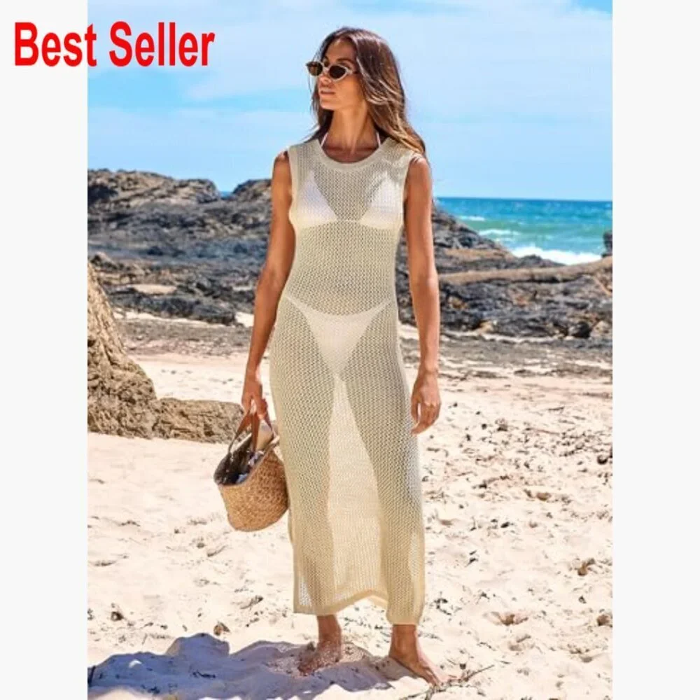 Sleeveless Hollow Knit Crochet Beach Dress Coverup
